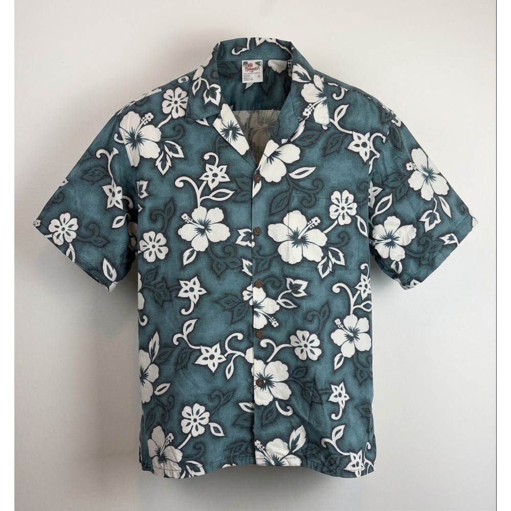 Vintage Go Barefoot Hawaiian Shirt XL Teal Hibiscus Floral Cotton USA Button Up